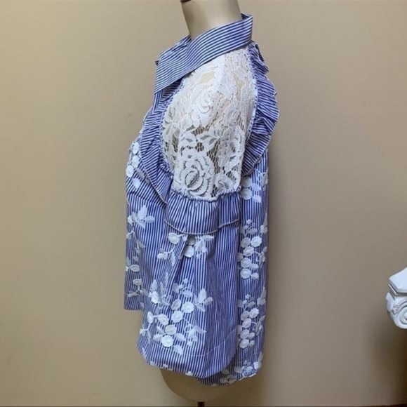 Hilary Radley Blue Striped Button Down with embroidered floral, lace , ruffles - Picture 5 of 10